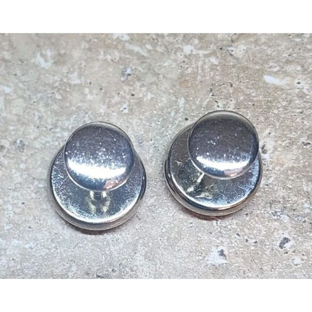 Vintage Cufflinks Round Brown Blue Silver Plaid Fabric Silver Tone